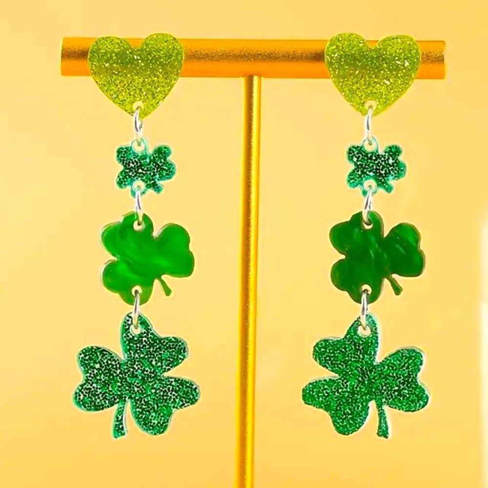 Earrings St Patrick's Day Clover Shamrock Sparkle Dangle Irish Lucky Party NEW
